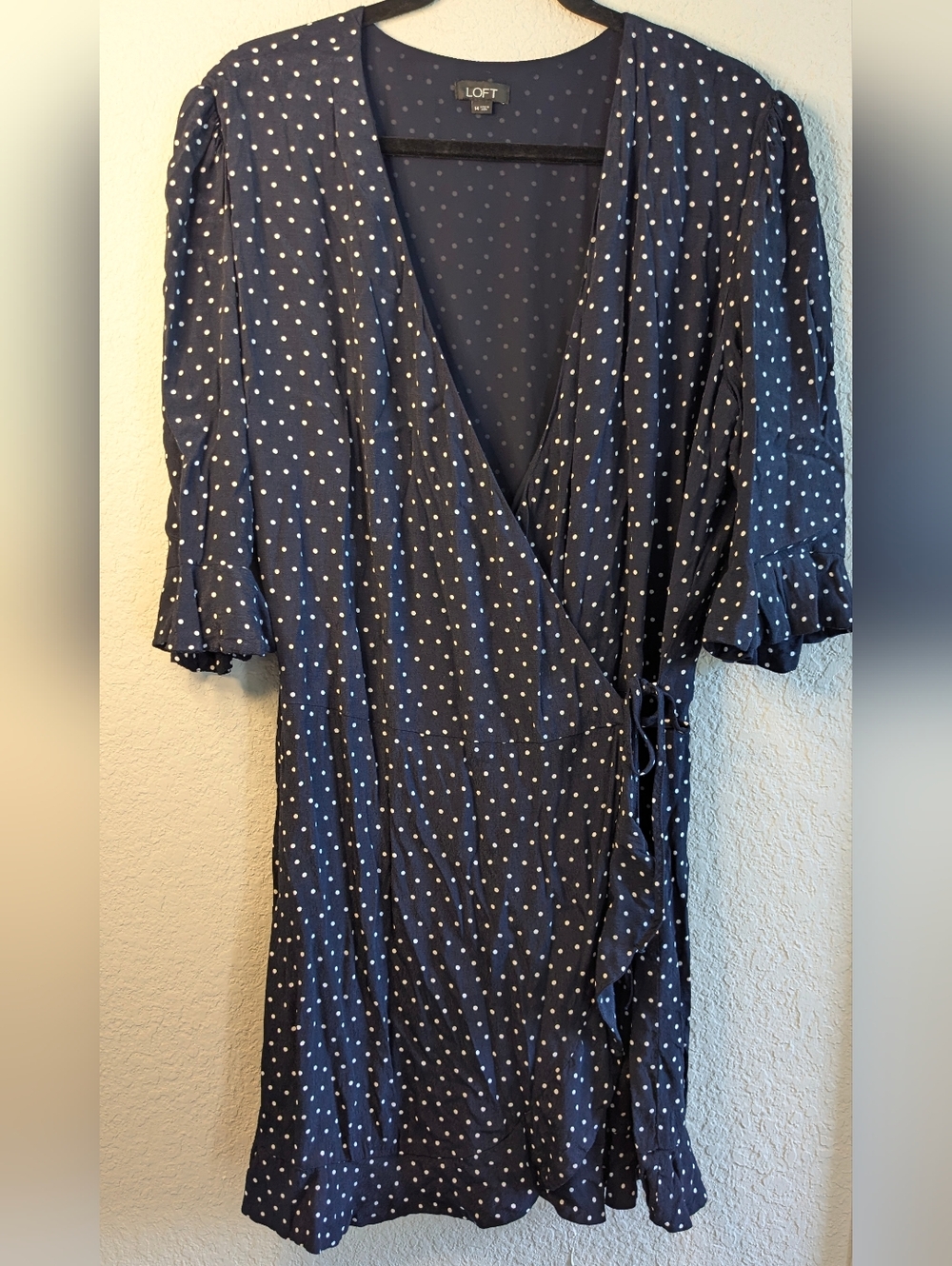 LOFT Wrap Romper Size 14 Navy White Polka Dot Internal Zip 3/4 Sleeves Excellent